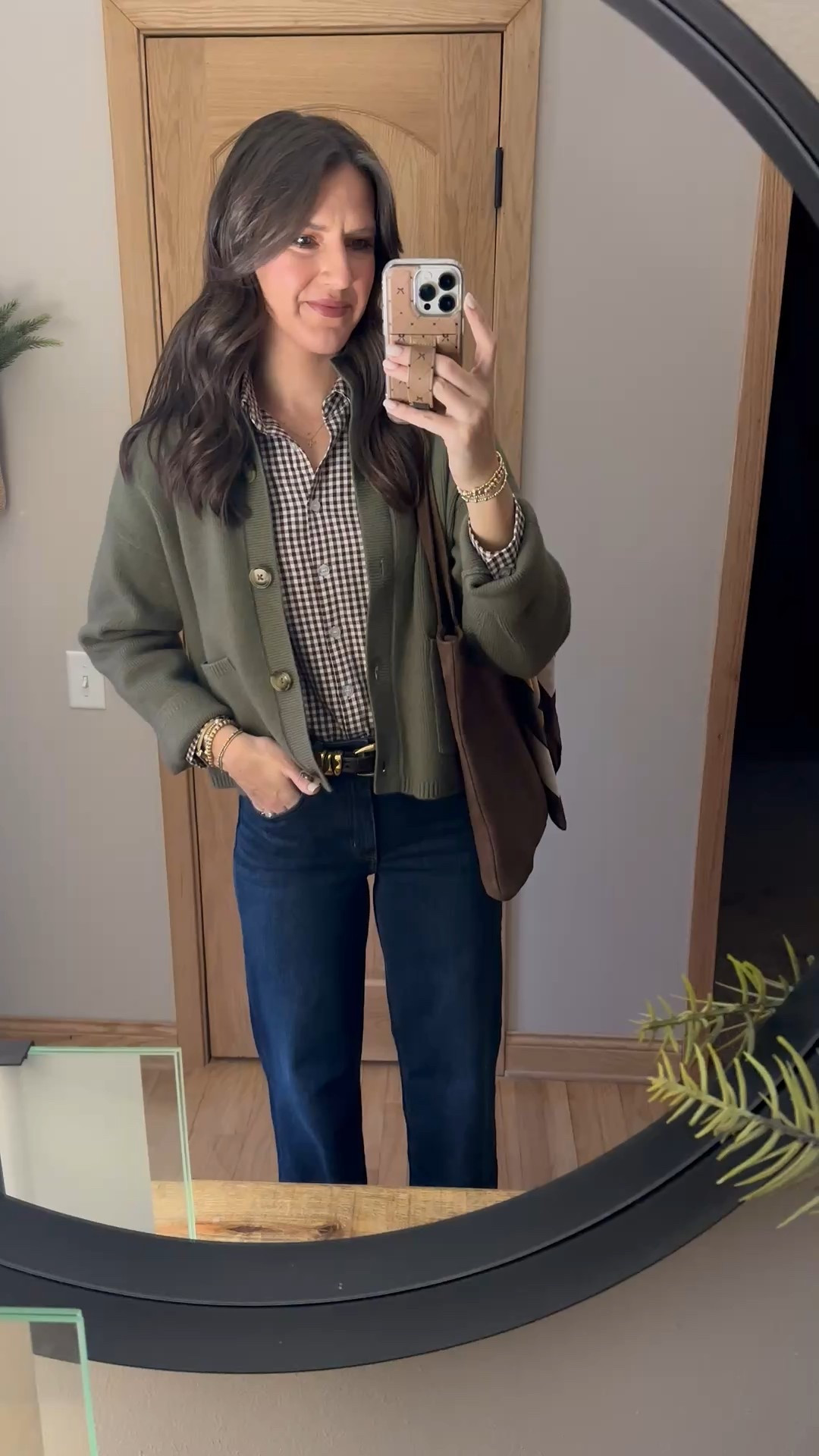 Today’s church outfit 

Button up - medium 
Linking similar cardigan 
Jeans - size 27 long (34 inseam) 
