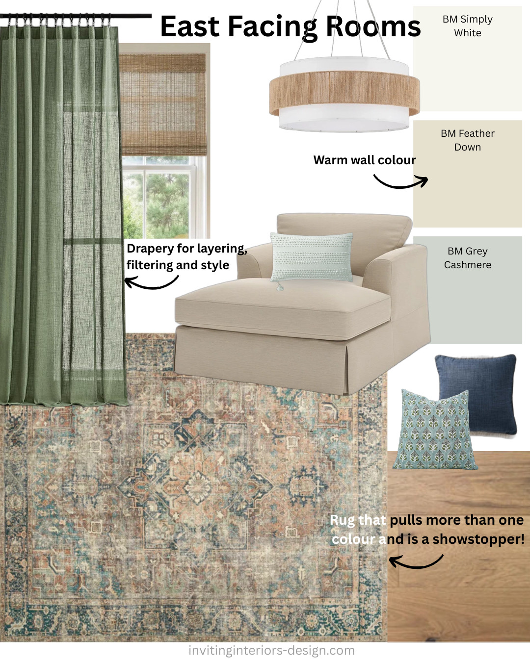 An East facing room that will work with the spectrum.
East spaces are warm in the morning light and cool in the afternoon. 
Keep the warm going with warm toned walls and add cool tones throughout. This is a great place to mix your warm and cool tones. 

Drapery available in: 72", 84", 90", 96". 108" long.
Designer tip: For windows over 55" wide. Double up on the panels for a more luxurious look.

Chaise colour: Beat Sand 

#humandesigner #designertips #designerinspo #amazonmusthaves 
#amazonhome #amazondeals @twopages @wayfaircanada @serenaandlily #invitinginteriors #moodboard #eastcolours #colourpalette  #edesigner #colourcoach #arearugs 

 #LTKcanada #LTKhome #LTKstyletip