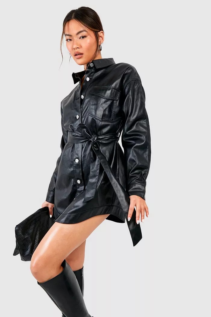 Pu Coated Belted Denim Shirt Dress | boohoo (US & Canada)