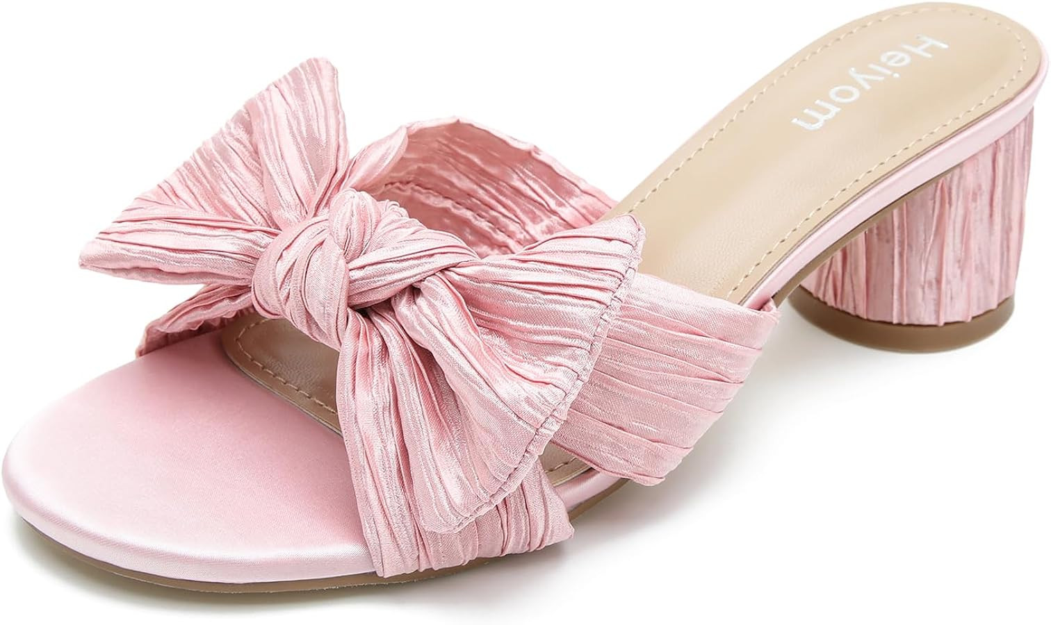 Heiyom Women's Bowknot Low Chunky Heels Mules Sandals Slip on Pleated Bow Heels Wedding Bridal Pa... | Amazon (US)