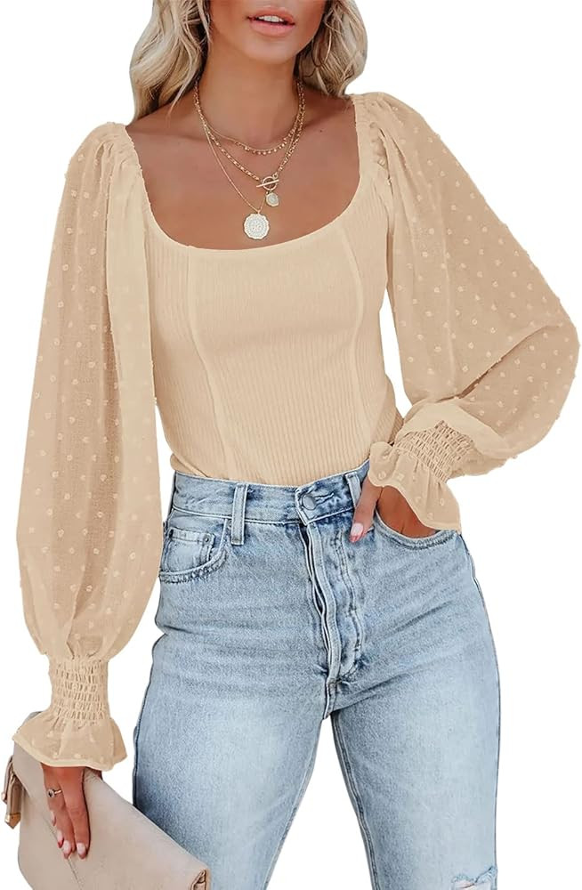 Berryou Bodysuit for Women Scoop Neck Solid Swiss Dot Puff Long Sleeve Ribbed Slim Fit Casual Top... | Amazon (US)