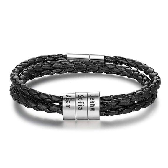 Personalized Mens Braided Leather Bracelet Custom Beads Name Charm Bracelet for Men with Family N... | Etsy (US)