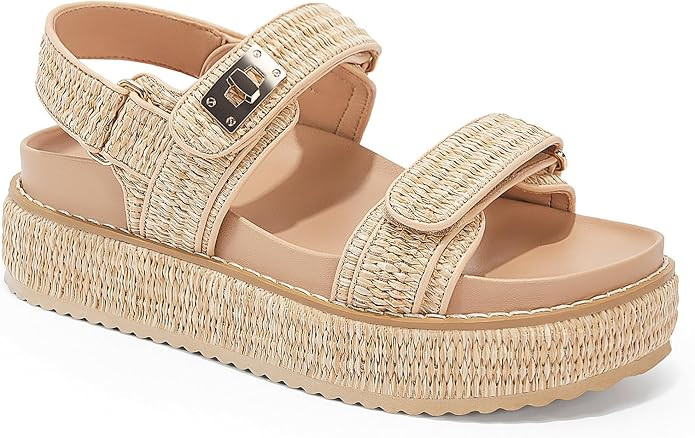 Coutgo Womens Platform Sandals Comfortable Flat Sandals Double Strap Footbed Summer Beach Sandals | Amazon (US)