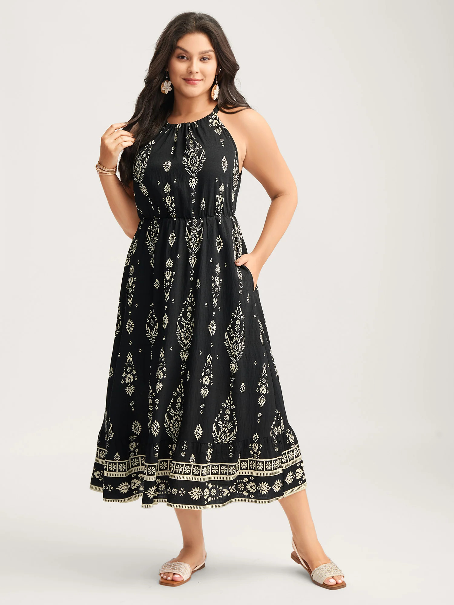 Boho Print Halter Neck Pockets Midi Dress | Bloomchic