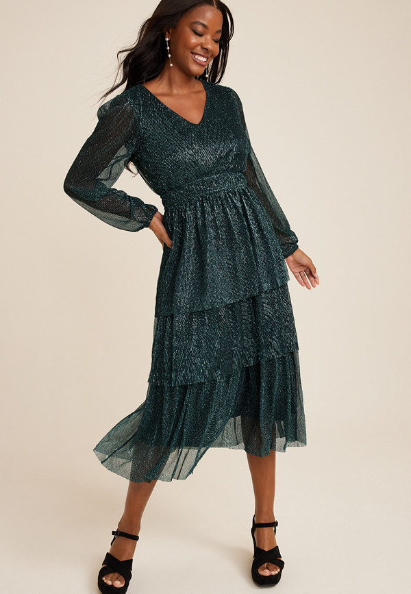 Green Plisse Long Sleeve Midi dress | Maurices