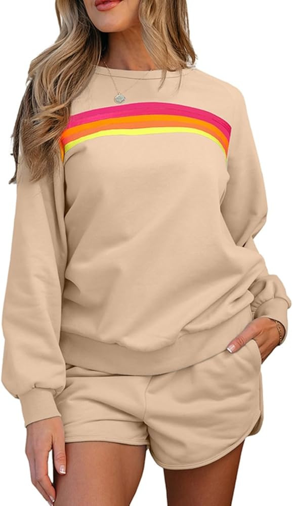 Women 2 Piece Lounge Sets Casual Striped Pullover Sweatshirt and Shorts Sets Tracksuit | Amazon (US)