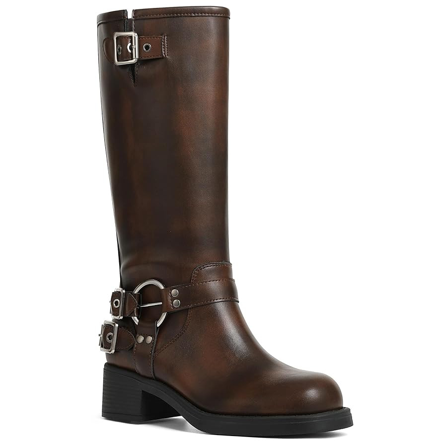 AMINUGAL Knee High Boots Women Square Toe Pull On Wide Calf Riding Fashion Buckles Chunky Metalli... | Amazon (US)