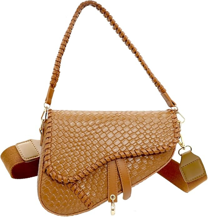 fashion women saddle shoulder bag clutch purse small crossbody satchel handbag woven imitation cr... | Amazon (US)