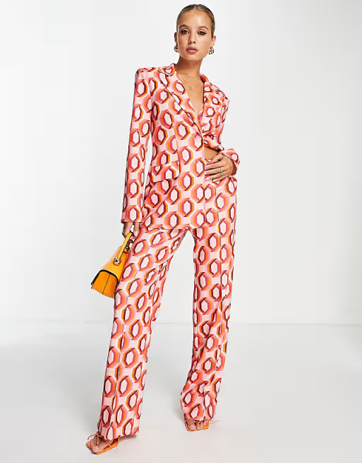 ASOS DESIGN Mix & Match jersey suit in geo print in pink | ASOS (Global)