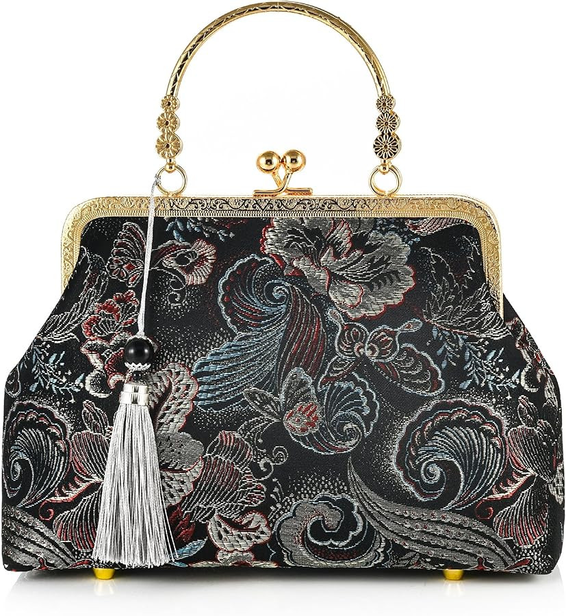Women Girls Flowers Embroidered Top-handle Bag Chinese Vintage Kiss Lock Tote Handbag Wedding Par... | Amazon (US)