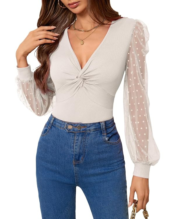 Fayenne Womens Sexy Tops V Neck Twist Knot Front Date Night Outfits Y2K Going Out Top Mesh Polka ... | Amazon (US)