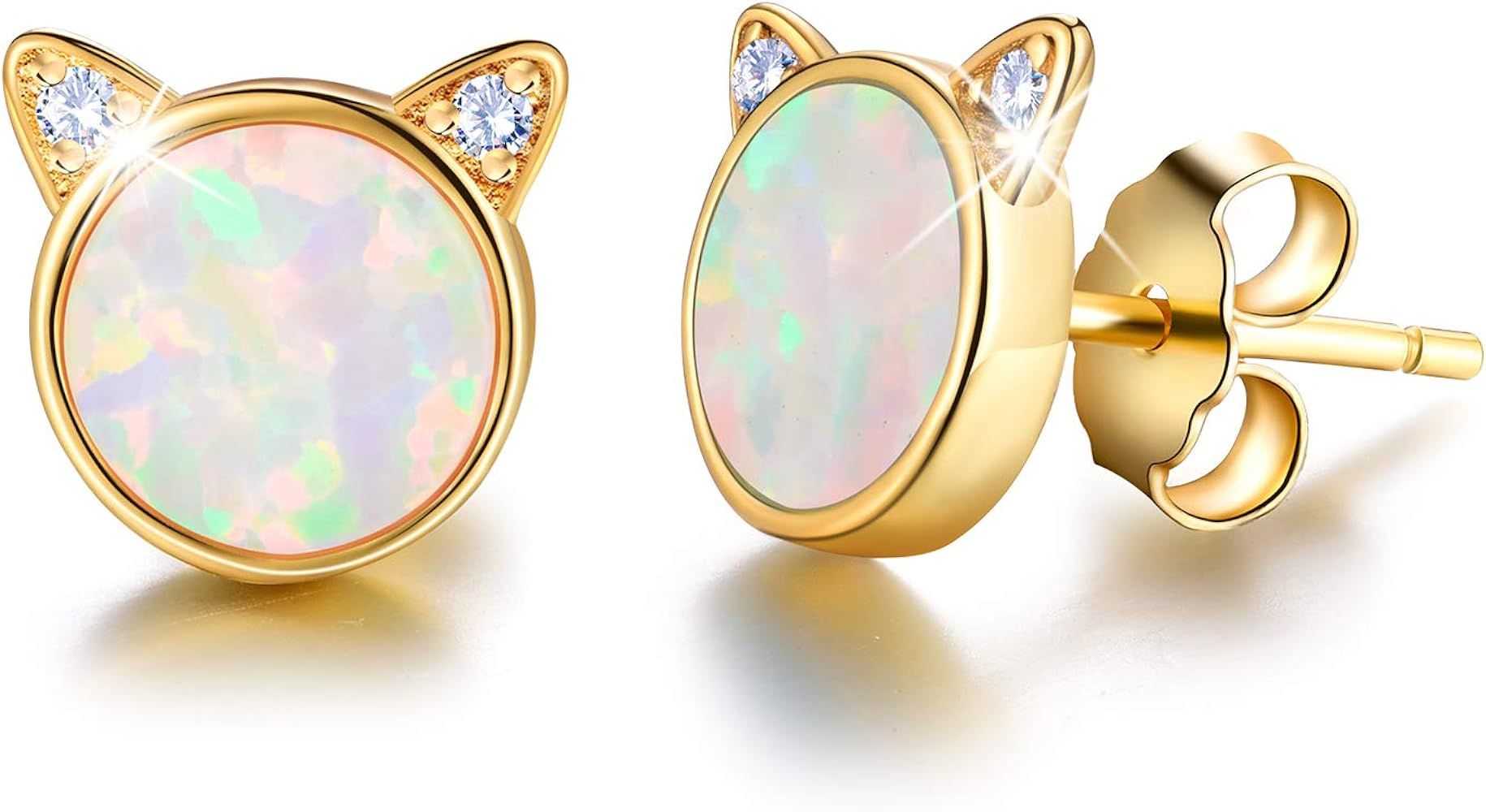 14K Gold Plated Sterling Silver Created Opal Cat Stud Earrings Cute Cat Hypoallergenic Earrings G... | Amazon (US)