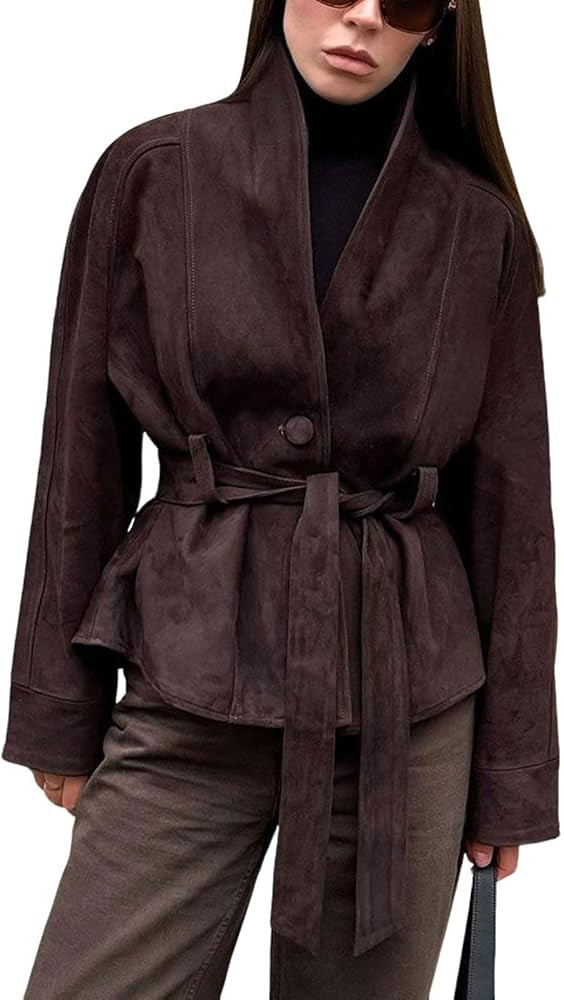 utcoco Women's Retro Faux Suede Jacket Elegant Lapel One Button Belted Cropped Coat Fall Winter O... | Amazon (US)