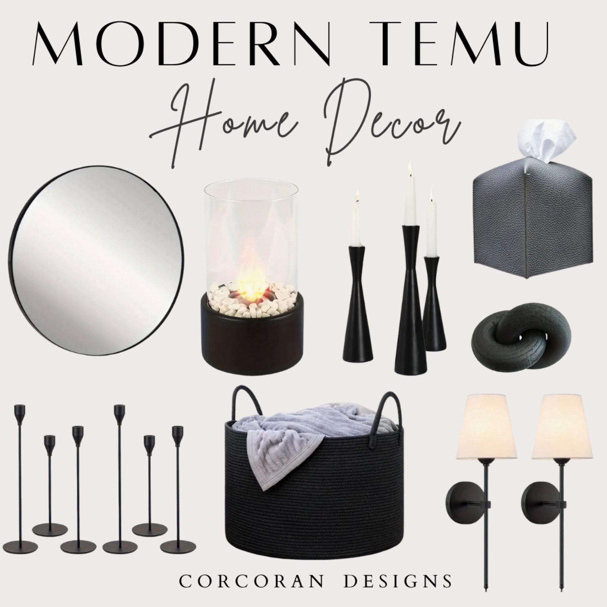 Must have aesthetic, neutral home decor finds! These affordable home finds make any home look  clean & aesthetic! 

Modern home finds, neutral home decor, Temu finds, affordable home, black round mirror, tabletop fire pit, black candle sticks, black decorative knot, black storage basket, black wall sconces, black tissue box cover 


#LTKfindsunder50 #LTKhome #LTKsalealert