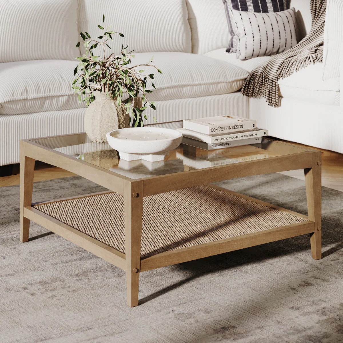 Square Glass & Rattan Coffee Table with Solid Wood Legs | Nathan James