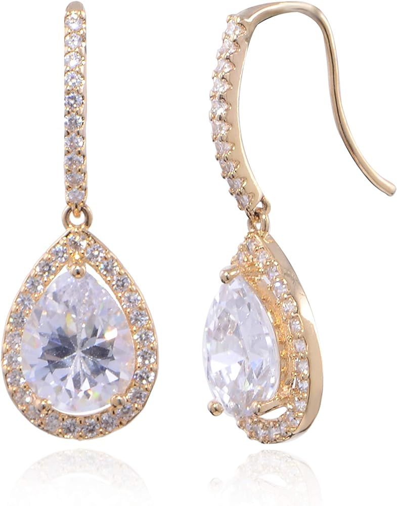 CZ Teardrop Earrings for Wedding - Sterling Silver Cubic Zirconia Crystal Rhinestone Drop Earring... | Amazon (US)