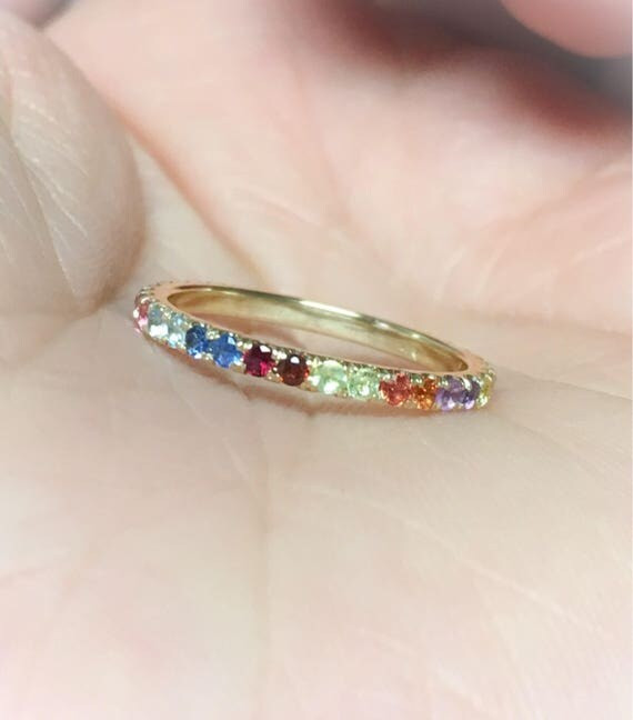 Multicolor Rainbow Sapphire Pave Eternity Band 2mm Color Gemstone Matching Full Eternity Band 14K We | Etsy (US)