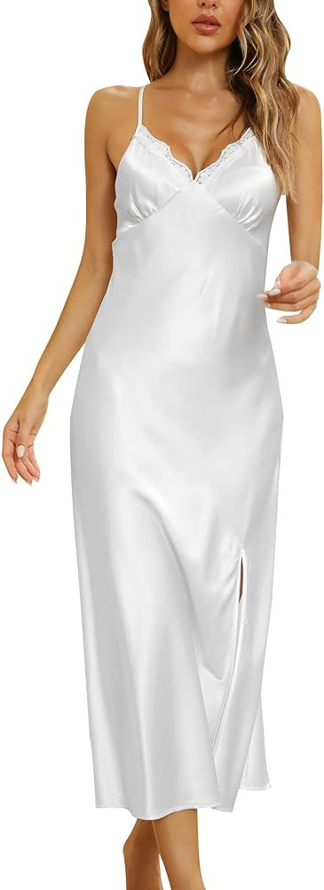 ALCEA ROSEA Women Silk Satin Nightgown Sexy Lace Chemise Lingerie Long Sleepdress for Ladies Slee... | Amazon (US)