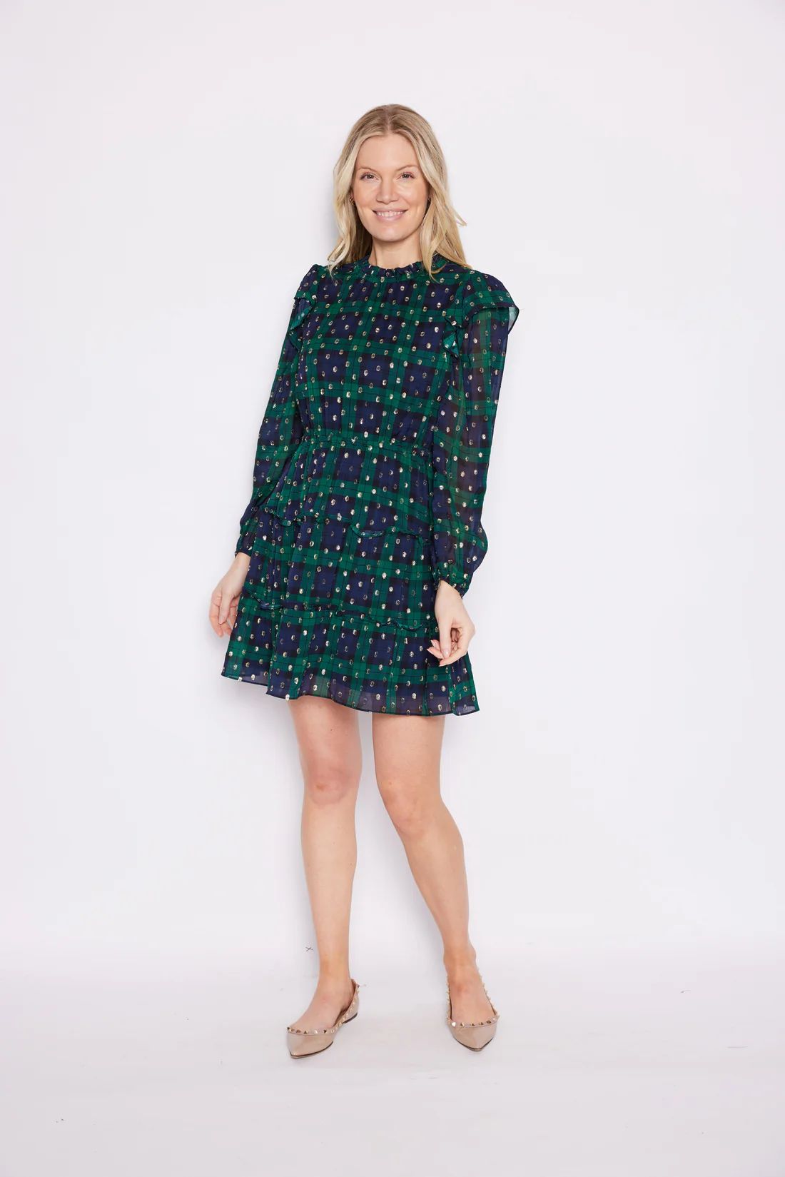 Blackwatch Lurex Clip Dot Long Sleeve Ruffle Neck Dress | Sail to Sable