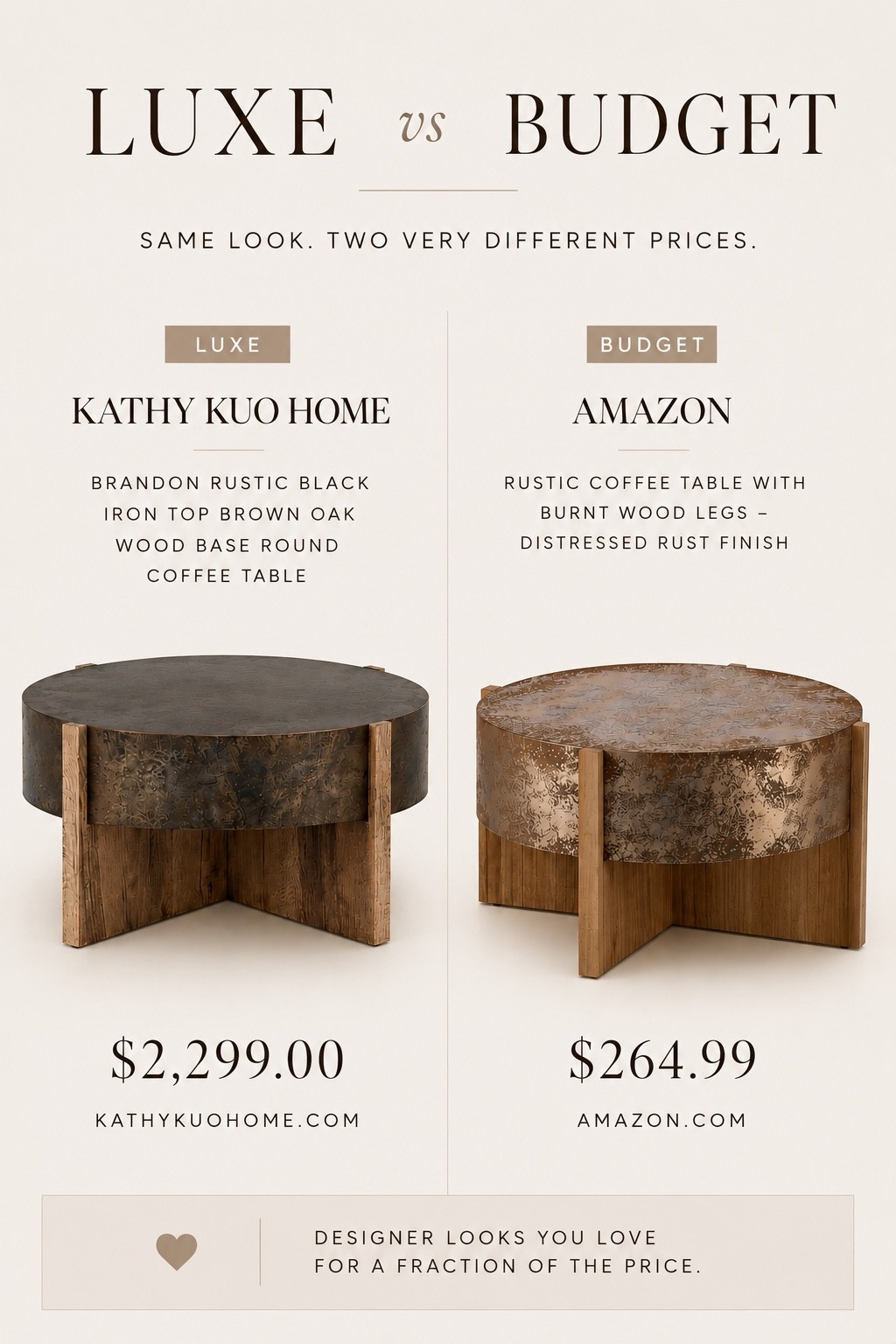 Luxe vs Budget Coffee Table

Designer look for a fraction of the price. These two coffee tables have such a similar high-end rustic modern feel with the mixed wood and metal look, chunky silhouette, and warm moody tones — but one is thousands less. I love finding pieces that give that elevated designer aesthetic without the luxury markup, and this one is such a good look for less find.

#LTKSaleAlert #LTKHome