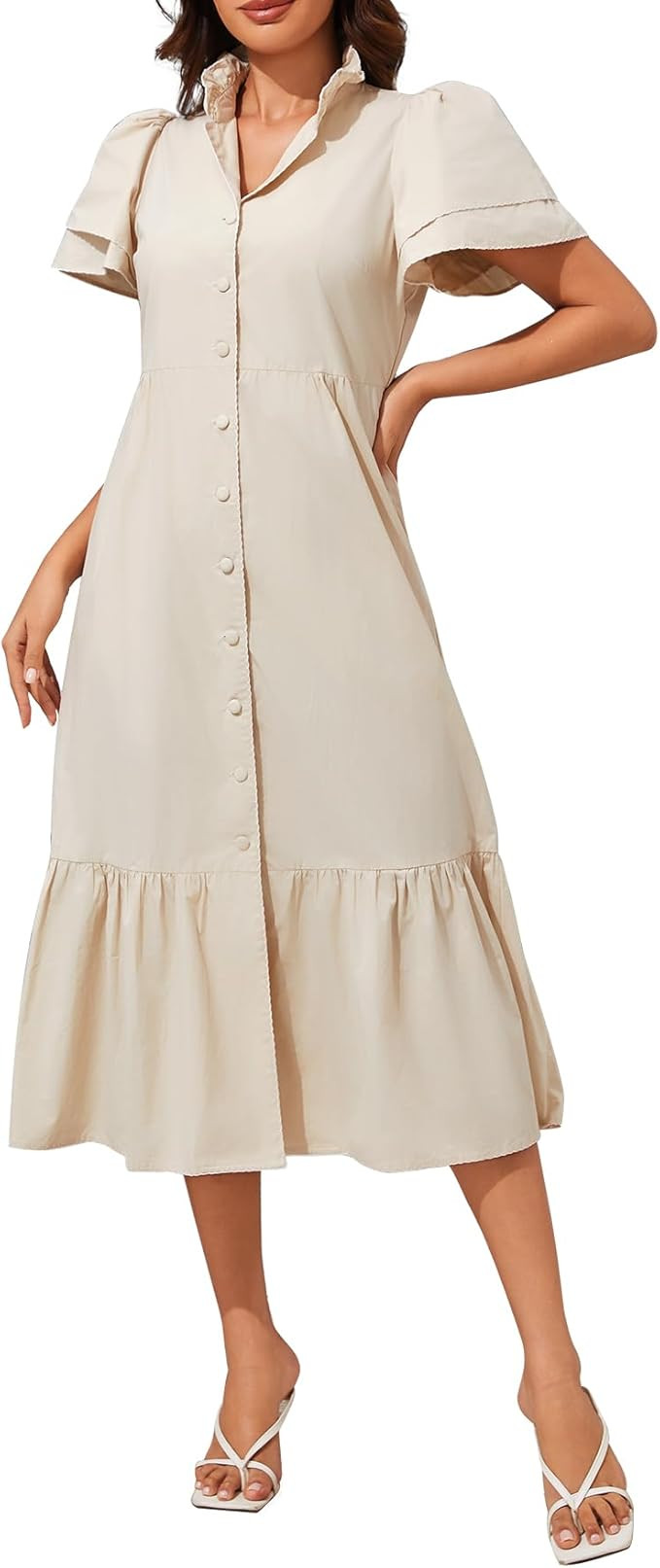 Kedera Women's V Neck Button Down Dress Petal Sleeves Ruffled Hem Maxi Beach Elegant Dress with P... | Amazon (US)
