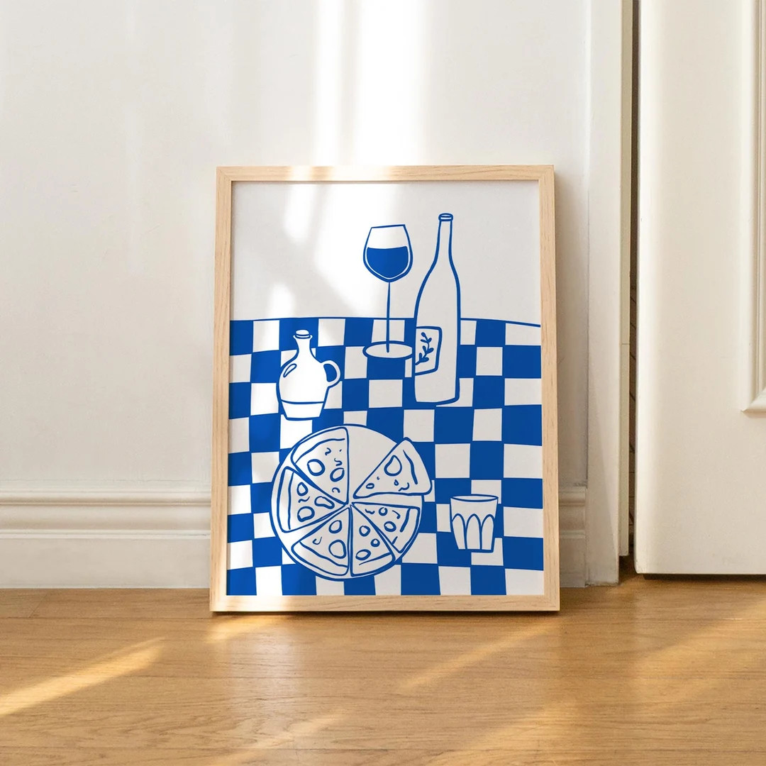 Pizza and Wine Art Print in Blue Hand-drawn Illustration Aesthetic Fun Wall Art Trendy Bar Cart o... | Etsy (US)