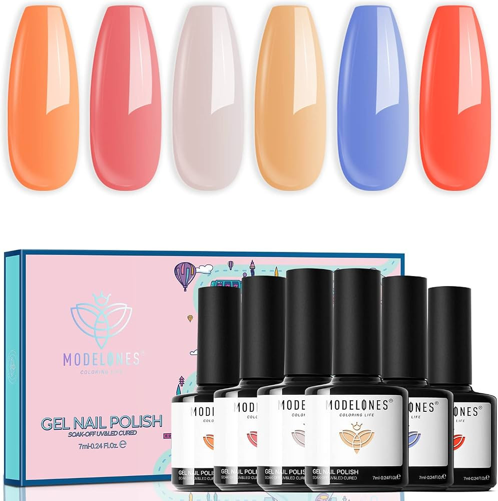 modelones Gel Nail Polish Set, 6 Colors Light Orange Yellow White Blue Nude Peaches Coral Pink Ap... | Amazon (US)
