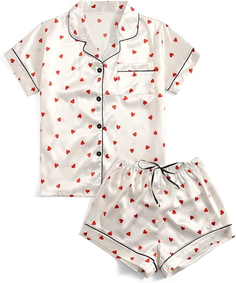 SweatyRocks Women's Short Sleeve Sleepwear Button Down Satin 2 Piece Pajama Set | Amazon (US)