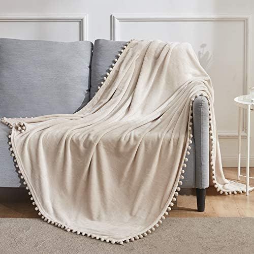 BEAUTEX Fleece Throw Blanket with Pompom Fringe, Beige Flannel Blankets and Throws for Couch, Sup... | Amazon (US)