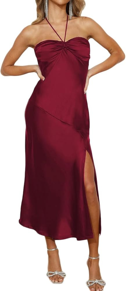 2024 Summer Satin Tube Tops Slit Wedding Guest Dress for Women Elegant Sexy Strapless Halter Neck... | Amazon (US)