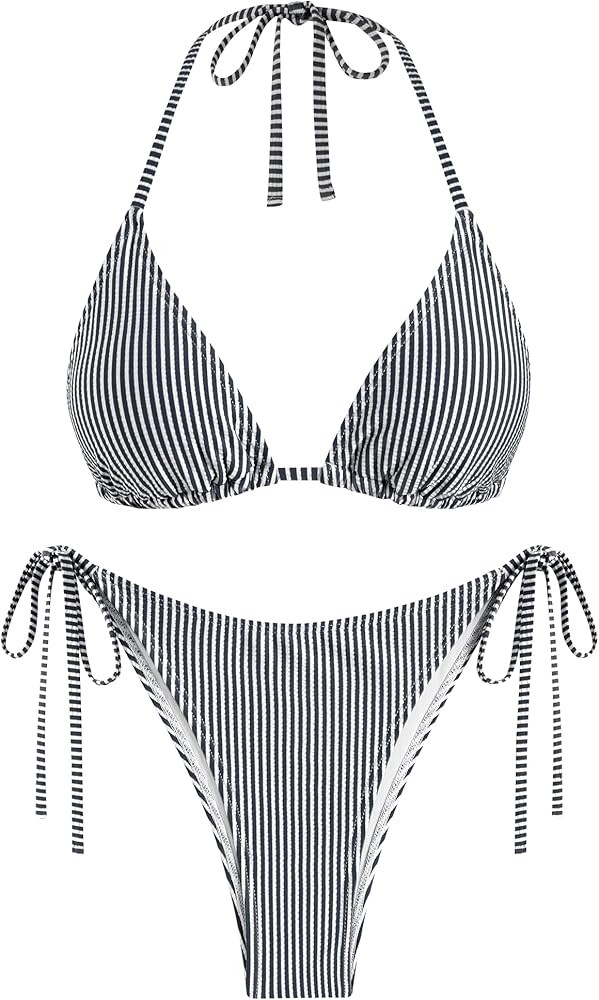 ZAFUL Textured Halter Bikini for Women 2 Piece Triangle Bikini Sets Sexy High Cut Bathing Suit Si... | Amazon (US)
