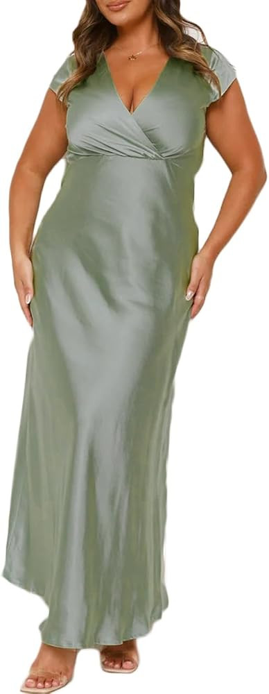 Summer Satin V Neck Wrap Maxi Dress for Women 2026 Elegant Silk Cap Sleeve Wedding Guest Dresses | Amazon (US)