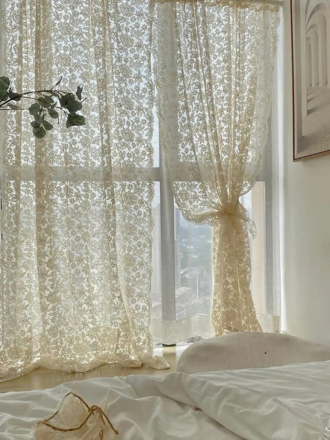 Lace Embroidered Sheer Curtain, Cream Ruffle French Country Style One Panel Window Decor Curtain ... | Etsy (US)