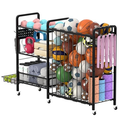 DUDUXI Sports Equipment Garage Organizer,Garage Ball Storage Rack for Sports with Wheels-Upgraded 3 Layers Organizer Rack Outdoor Basketball Racks for Balls with Holder and Hooks (Deep Black) | Amazon (US)