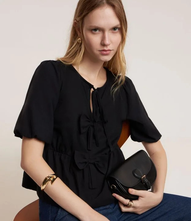 Blusa em Algodão com Laços Frontais e Manga Bufante Branco Neve | Renner (BR)