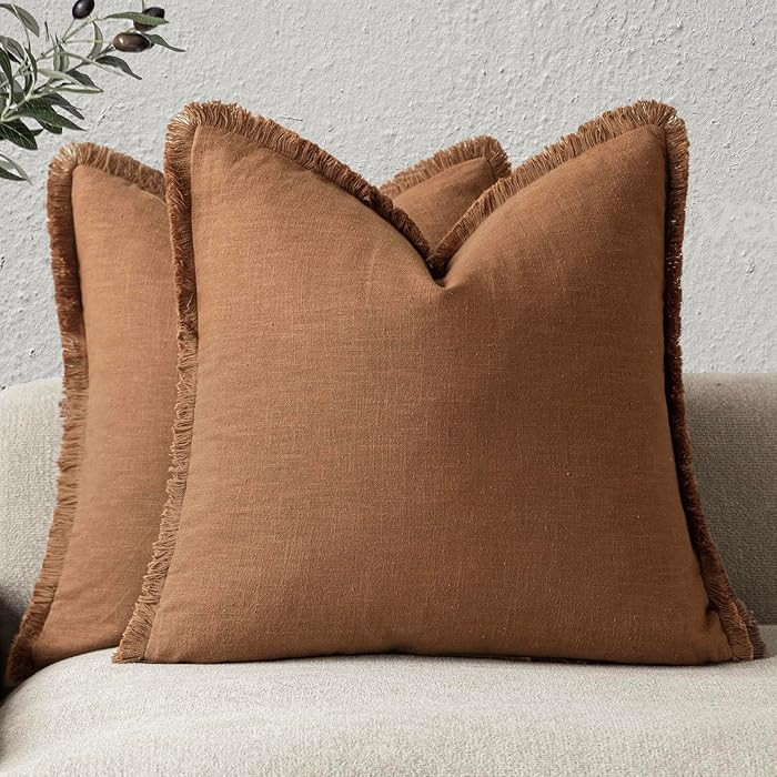 Foindtower Set of 2 Decorative Linen Fringe Throw Pillow Covers Boho Farmhouse Cushion Cover with... | Amazon (US)