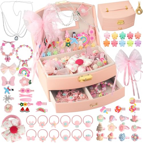 OneCocoa Hair Clips & Jewelry Box Set, Hair Accessories Gift for Girls Age 3-10, Includes Hair Clips, Hair Barrettes, Hair Bows, Bracelet, Rings, Large Two-Layer Jewelry Organizer Box with Key Lock | Amazon (US)