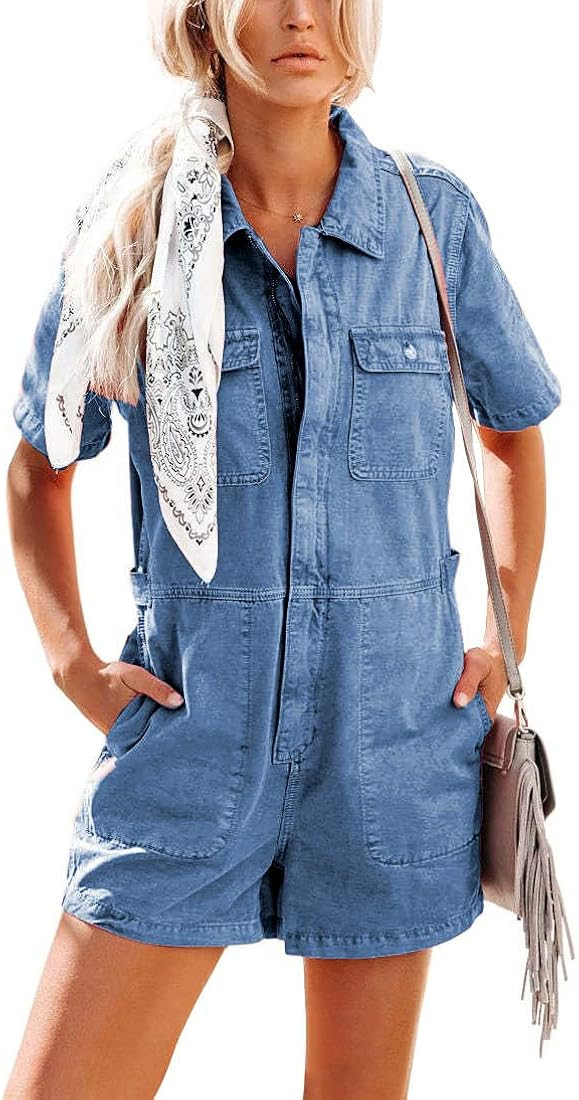 chouyatou Women's Vintage Distressed Short Sleeve Zip Up Denim Jean Utility Jumpsuit Romper Shorts | Amazon (US)