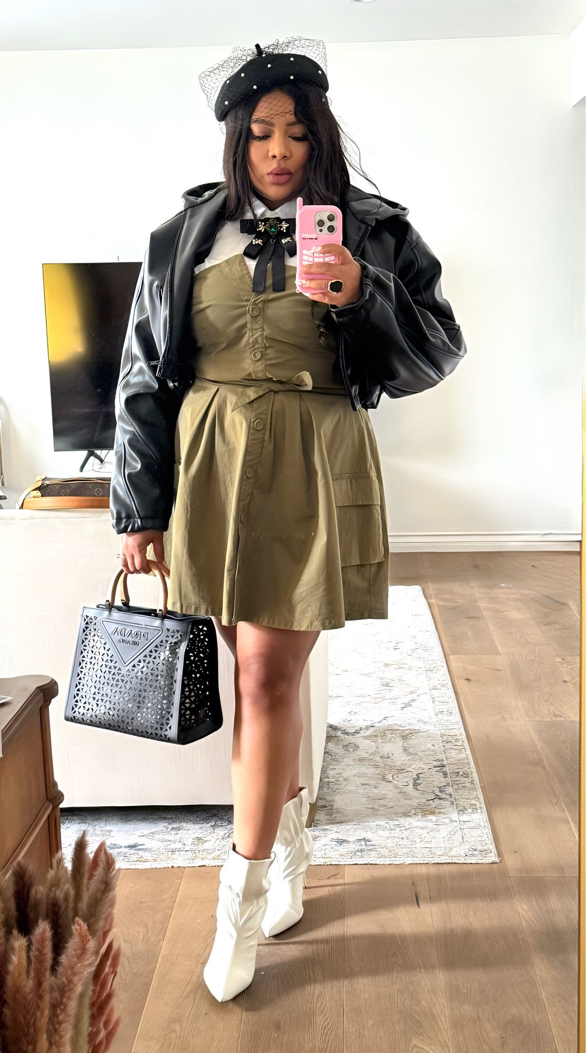I love elevating this Amazon Drop army green cargo dress with a crisp white button down, a 'Gucciesque’ bejeweled collar brooch and veiled beret and whole ankle boots for a feminine touch. This black leather bomber by Khy has quickly become one of my fave jackets! 
Handbag: Prada pvc & leather tote. 

OOTD for a Brunch date with hubby. 