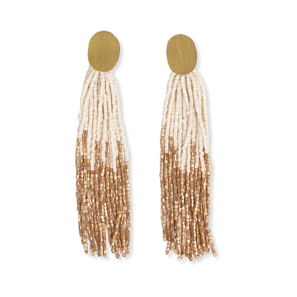 Mae Oval Brass Post 2-Color Beaded Tassel Earrings Ivory | INK+ALLOY