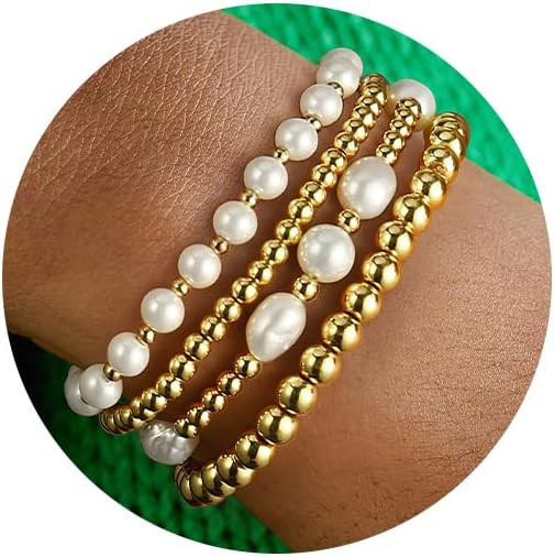 Gold Beaded Bracelets for Women Baroque Pearl Stackable14K Gold Plated Stretch Bead Ball Bracelet... | Amazon (US)