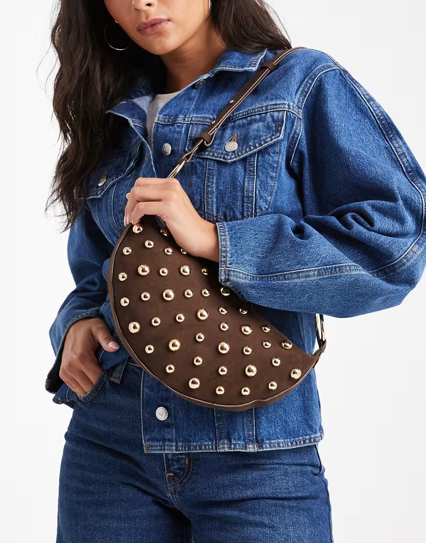 Glamorous faux suede studded crescent shoulder bag in brown | ASOS (Global)