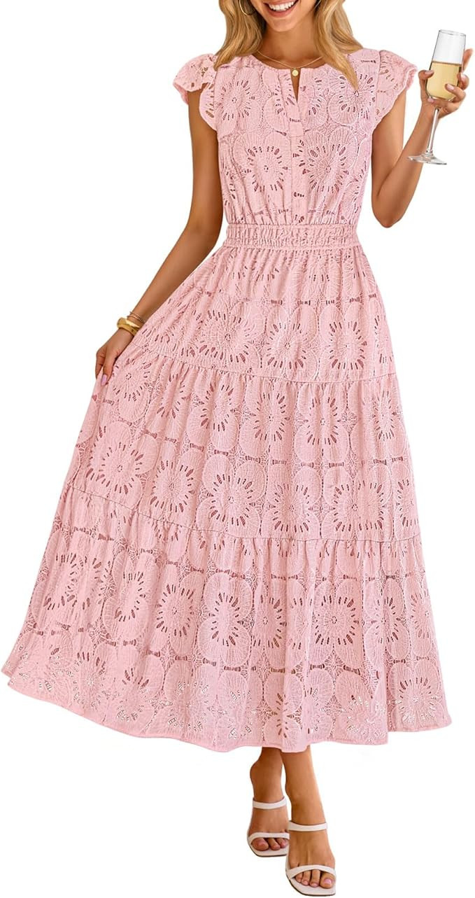 MEROKEETY Women's Summer Lace Eyelet Maxi Dress 2026 Spring Casual Boho Flutter Sleeve Tiered Flo... | Amazon (US)
