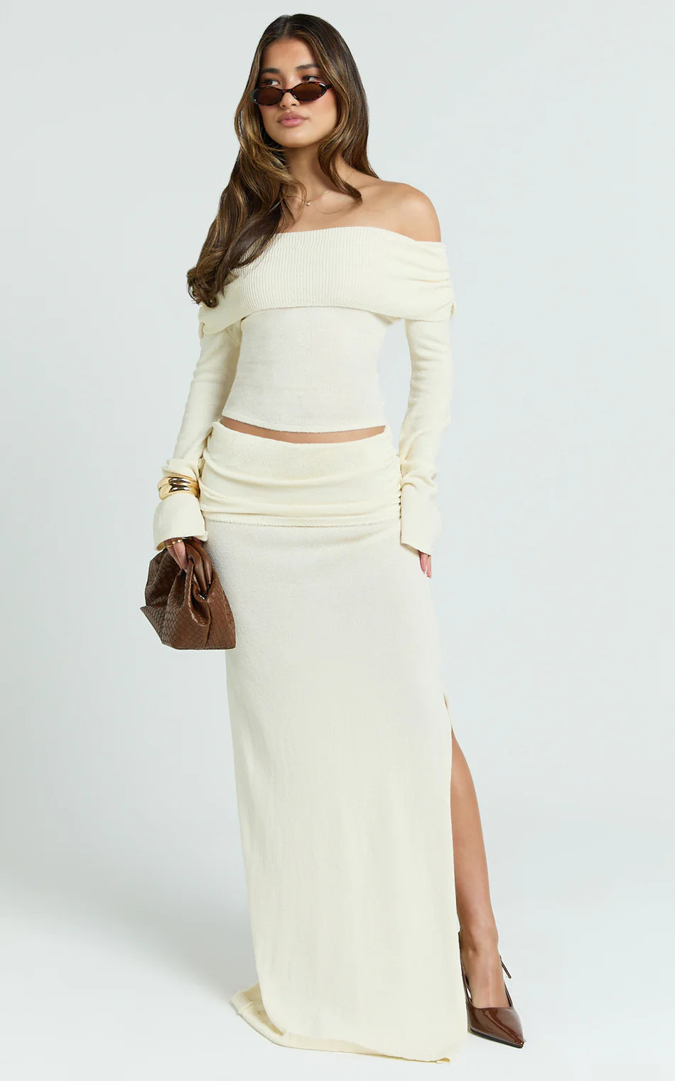 Calla Maxi Skirt - Split Gathered Fold Skirt in Cream | Showpo (US, UK & Europe)