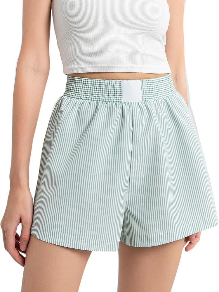 Gihuo Women's Striped Shorts Elastic High Waisted Boxer Shorts Cute Stripe Sleep Lounge Shorts Y2... | Amazon (US)