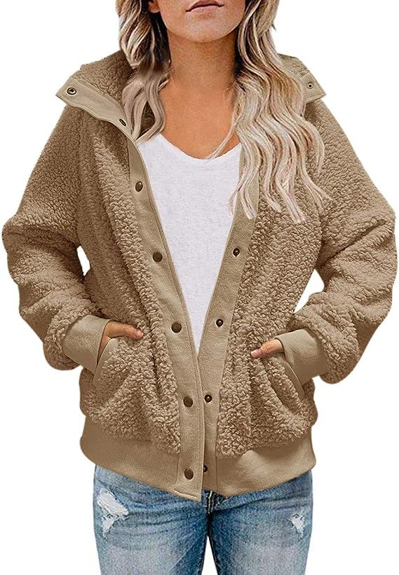 MEROKEETY Womens Winter Long Sleeve Button Sherpa Jacket Coat Pockets Warm Fleece | Amazon (US)