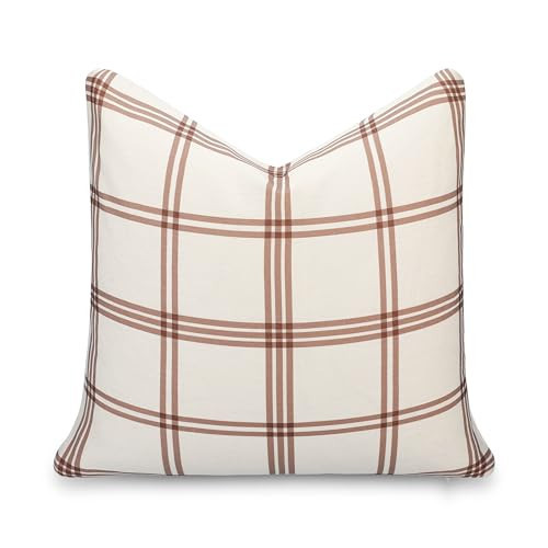 Crumbs Home Modern Farmhouse California Casual Indoor Outdoor Throw Pillow Cover, 22"x22" Water Repellent for Patio, Backyard, Couch, Poolside, Earth Tone Brown Dark Khaki Print Plaid | Amazon (US)