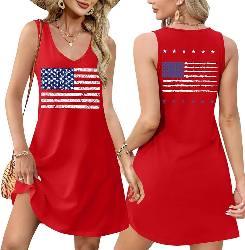 American Flag Dress Women 4th of July Sleeveless Tank Dress Patriotic Stars Stripes Midi Dress Su... | Amazon (US)