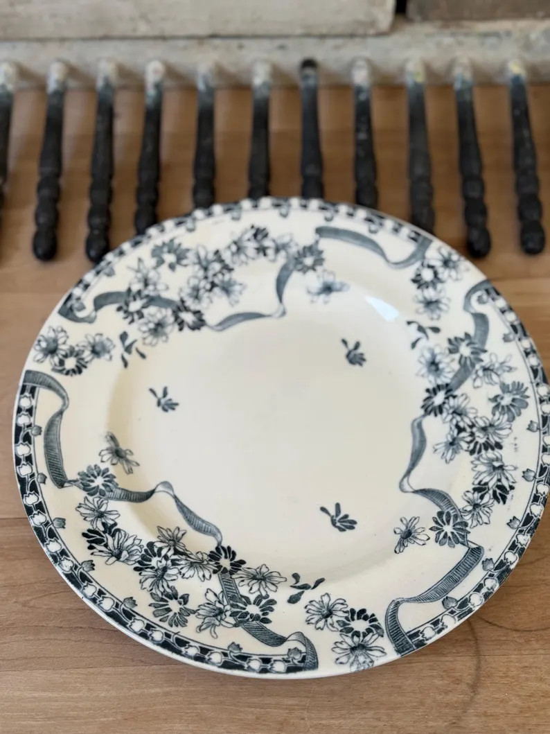 Antique French Transferware Plate Floral Ribbon Pattern Antique French Blue and White Plate Frenc... | Etsy (US)