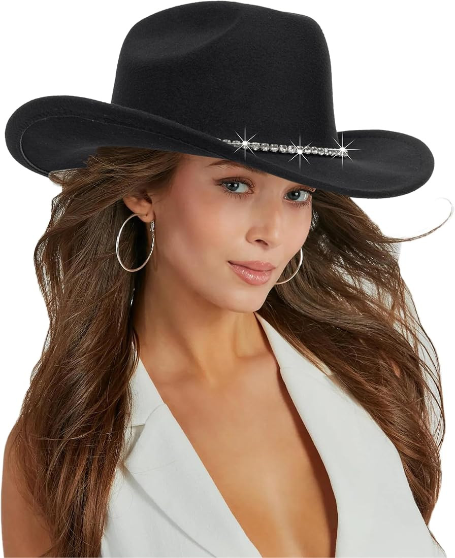 INOGIH Classic Black Western Felt Roll-Up-Brim Cowboy-Hat for Women Men - Bling Cowgirl-Hat Felt ... | Amazon (US)